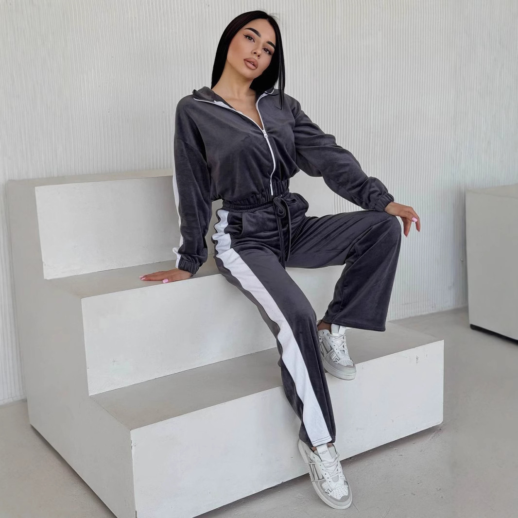 Women's Colorblock Two-Piece Set Long Sleeve Zip Cardigan Jacket and Tie-Waist Pants