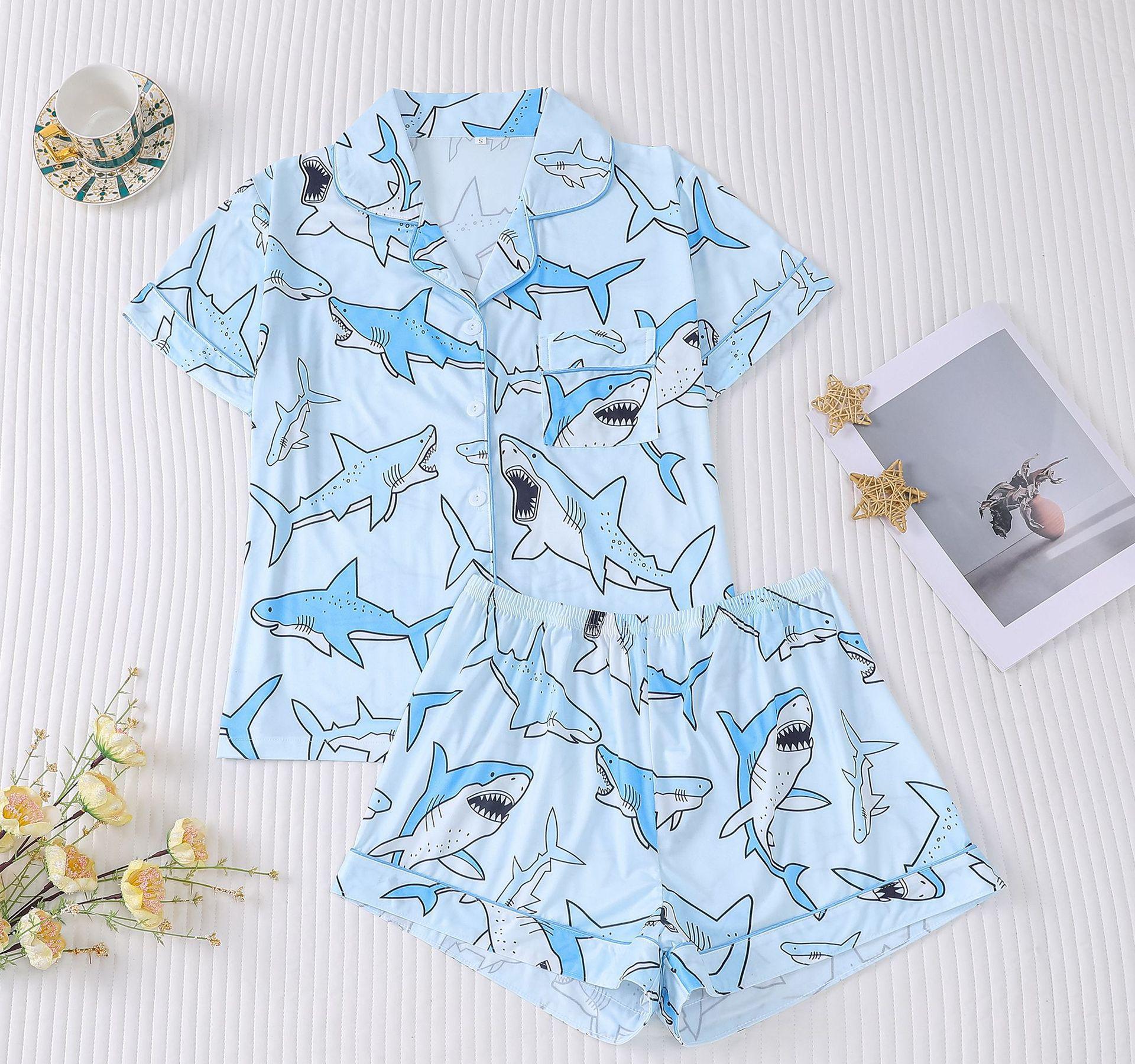Women's Cuban Collar Shark Print Short Sleeve Shirt Set
