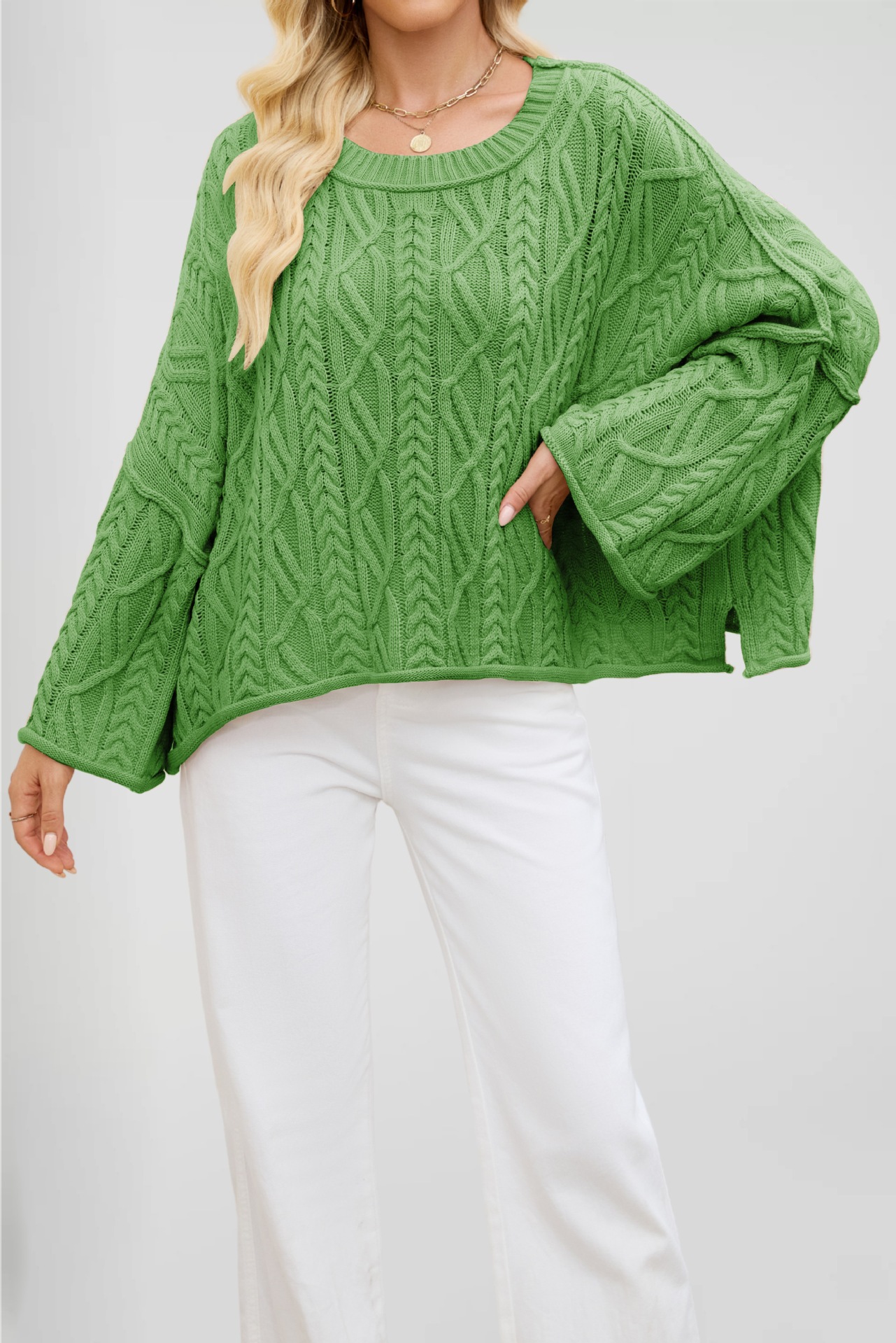 Cable-Knit Crewneck Loose Solid Color Sweater