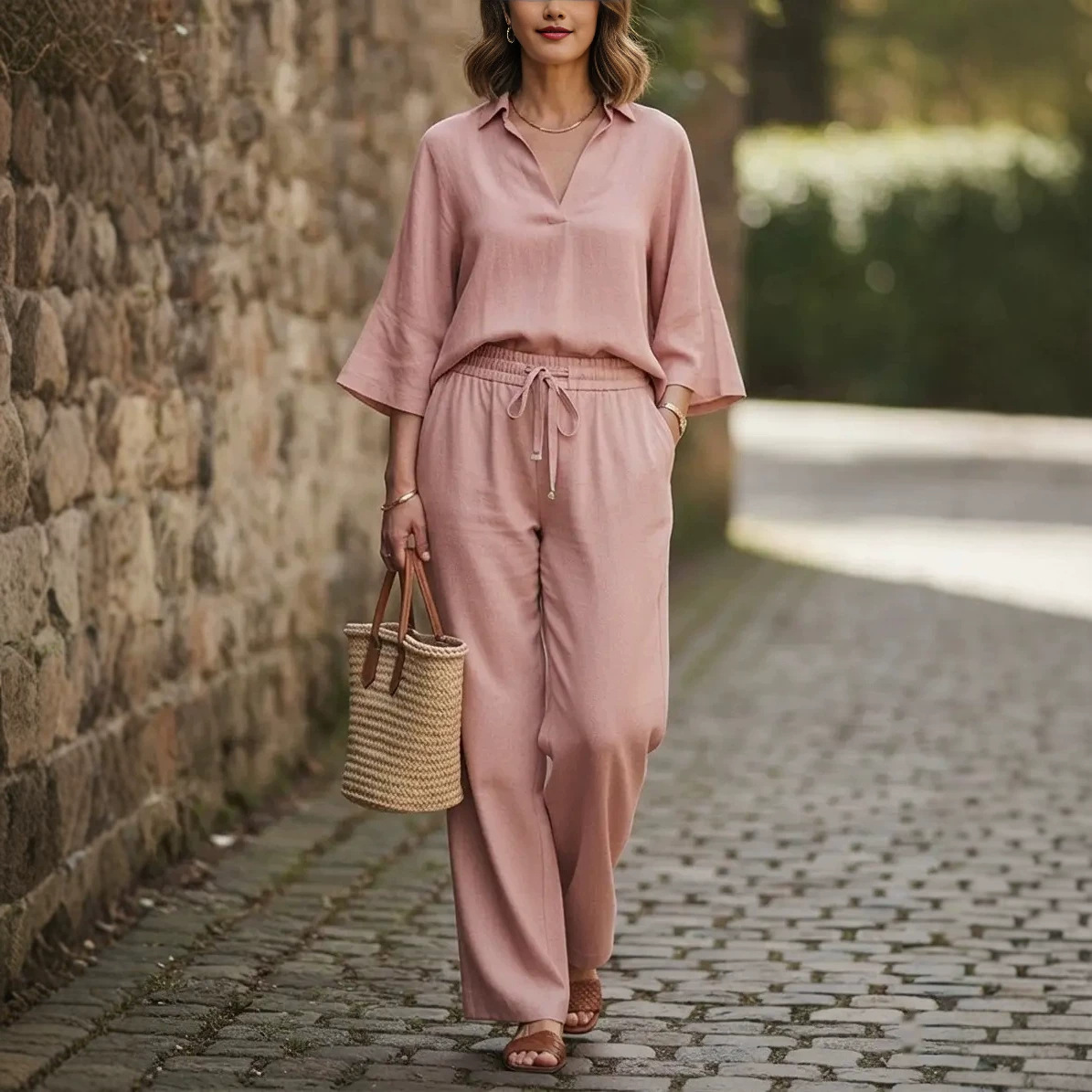 Women's Casual Shirt and Pants Set Solid Color Cotton Blend
