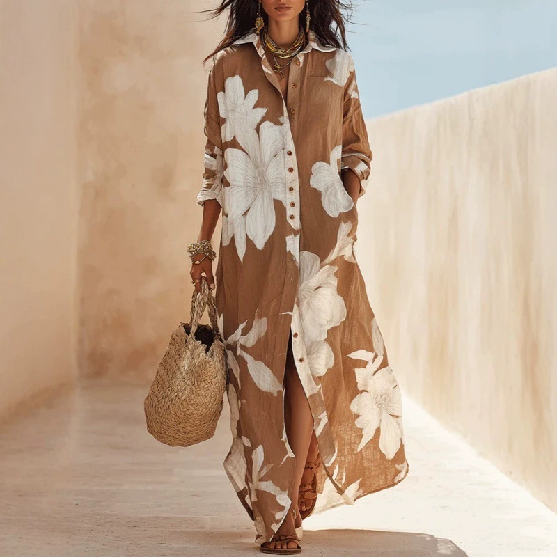 Women's Floral Print Slit Dress with Collar Loose Beach Long Dress