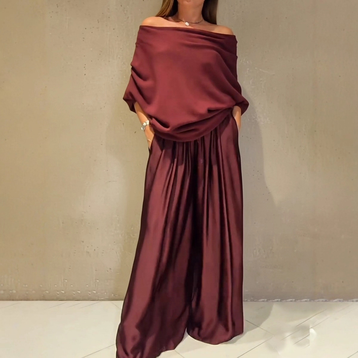 Elegant Off-Shoulder Top and Satin Wide-Leg Pants Two-Piece Set