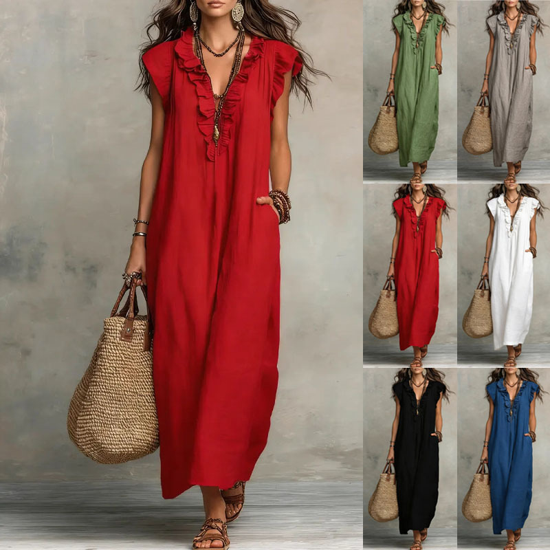 Women's Solid Ruffle Deep V-Neck Sleeveless Loose Casual Dress