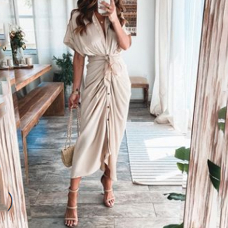 Elegant Short Sleeve Solid Knot High Waist A-Line Long Dress