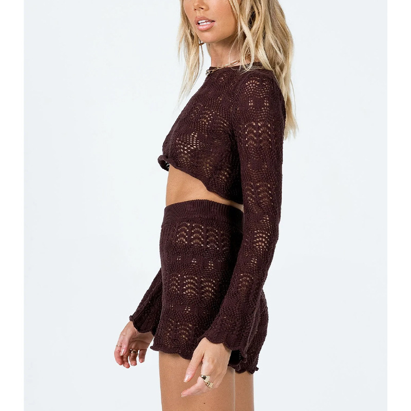 Women's Open-Knit Shorts Set with Long-Sleeve Crop Sweater