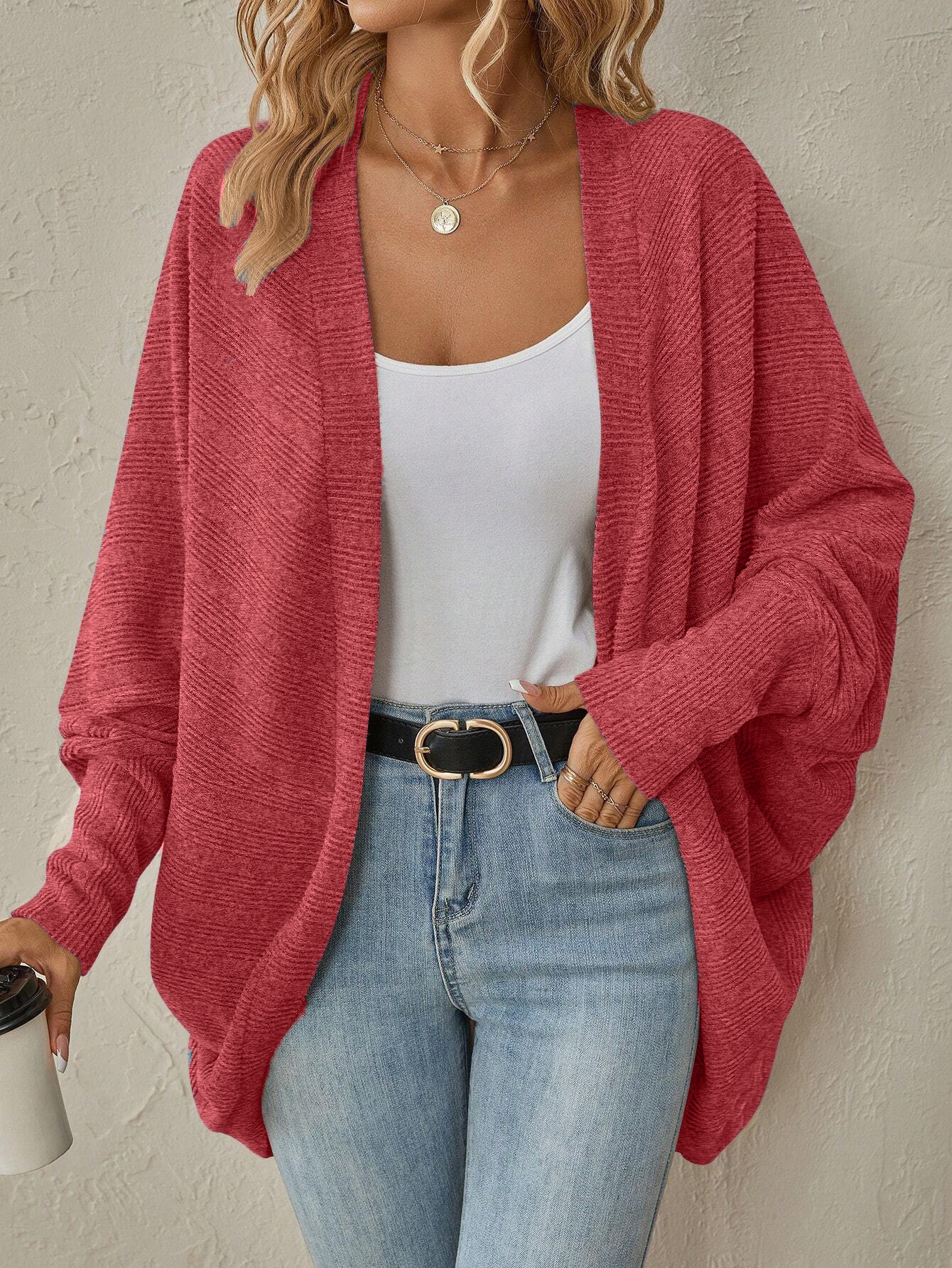Women's Solid Color Midi Knit Cardigan V-Neck Long Sleeve