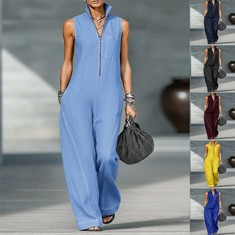 Women's Sleeveless Stand Collar Wide-Leg Jumpsuit