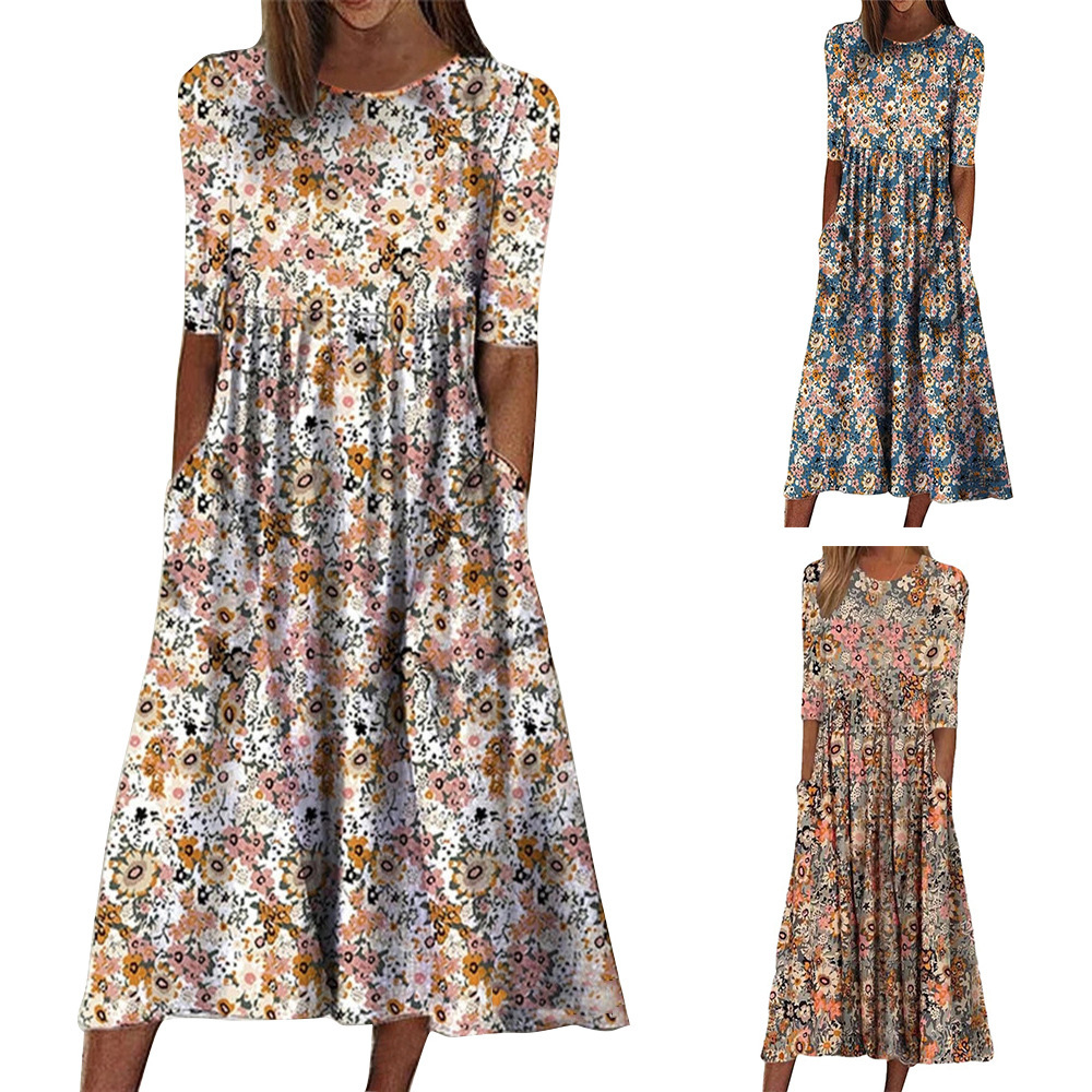 Floral Print Round Neck Half Sleeve Loose Midi Dress with Pockets