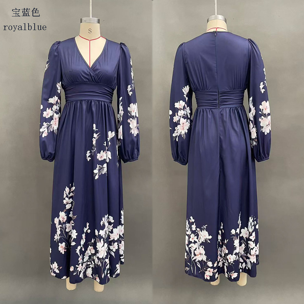 Floral Print V-Neck Pleated Long Sleeve Maxi Dress