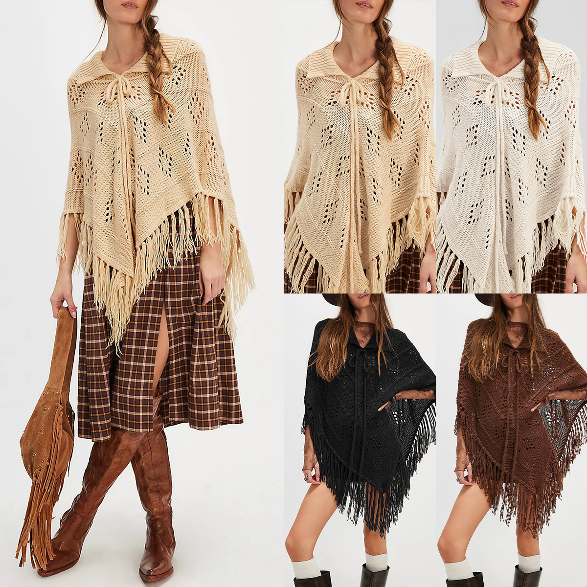 Fringed Knit Cape Poncho Sweater