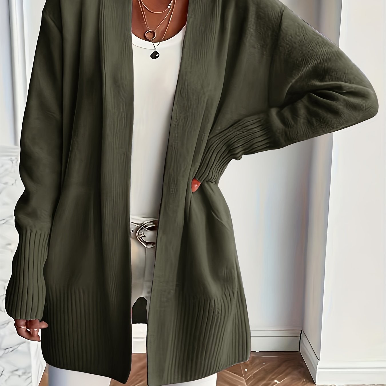 Plus Size Women's Knit Open-Front Cardigan with Pockets