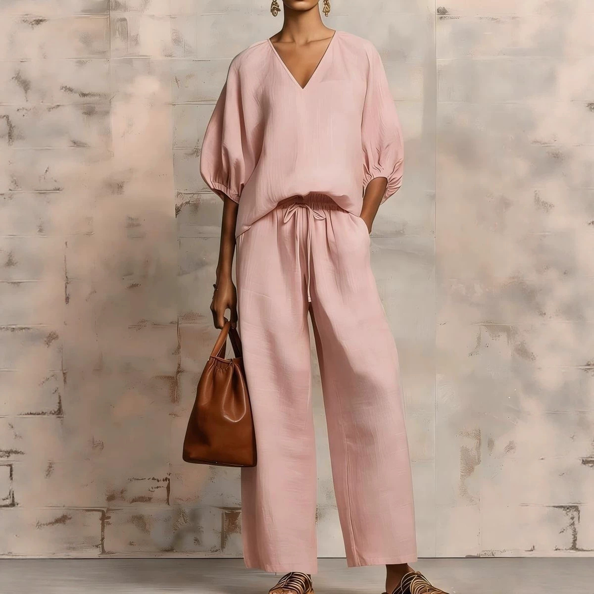 Women's Minimalist V-Neck Two-Piece Set Solid Color Loose Casual