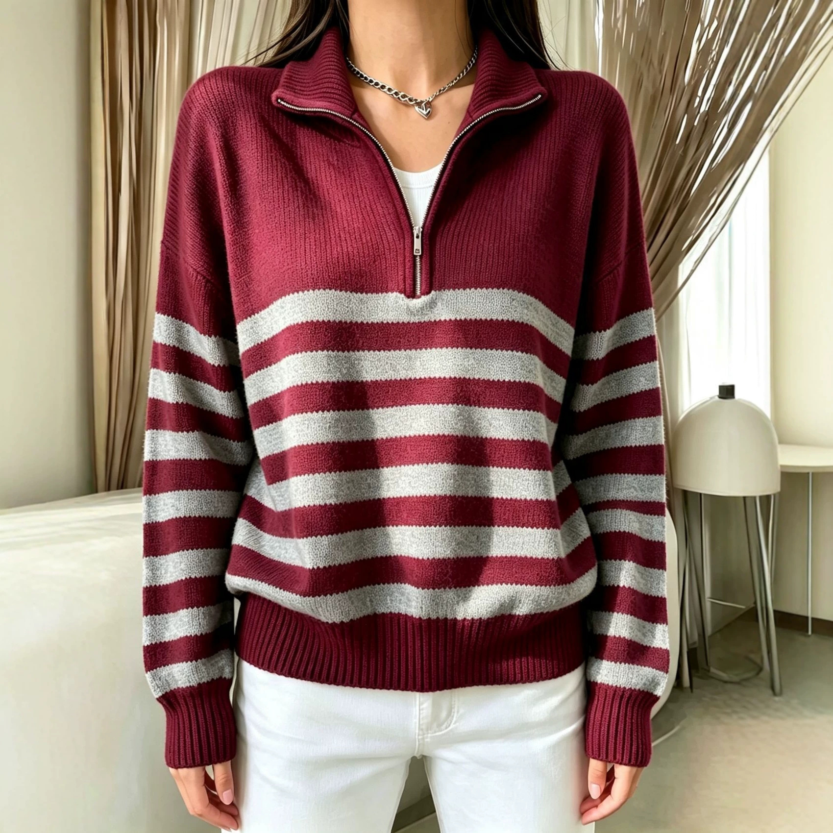 Striped Color-Block Half-Zip Sweater