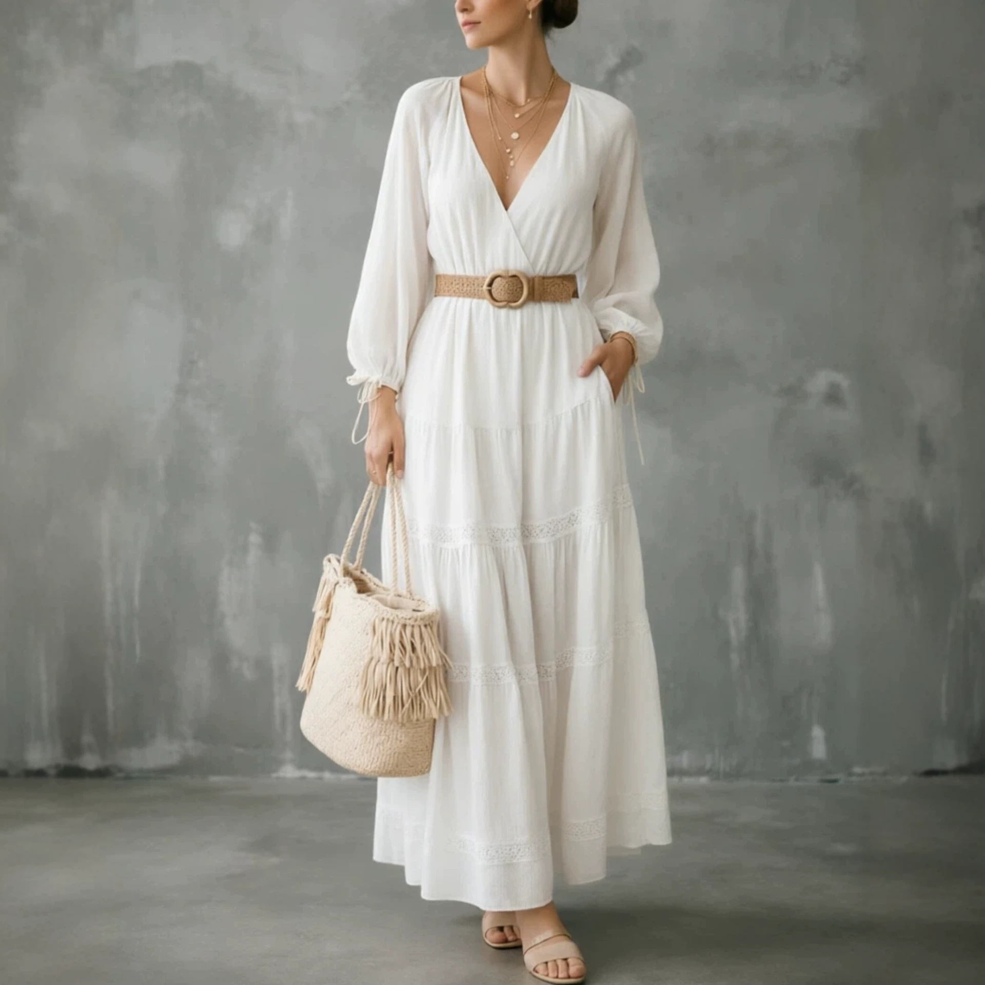 V-Neck Lace Panel Long Sleeve Midi Dress