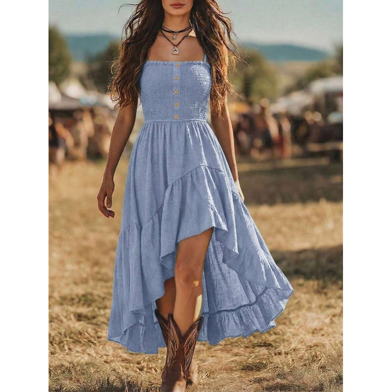 Bohemian Smocked Waist Midi Dress Sleeveless A-Line
