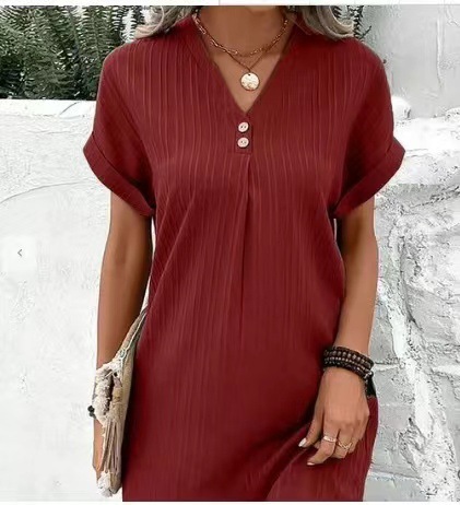 Women's Solid Short Sleeve V-Neck Button Midi A-Line Dress