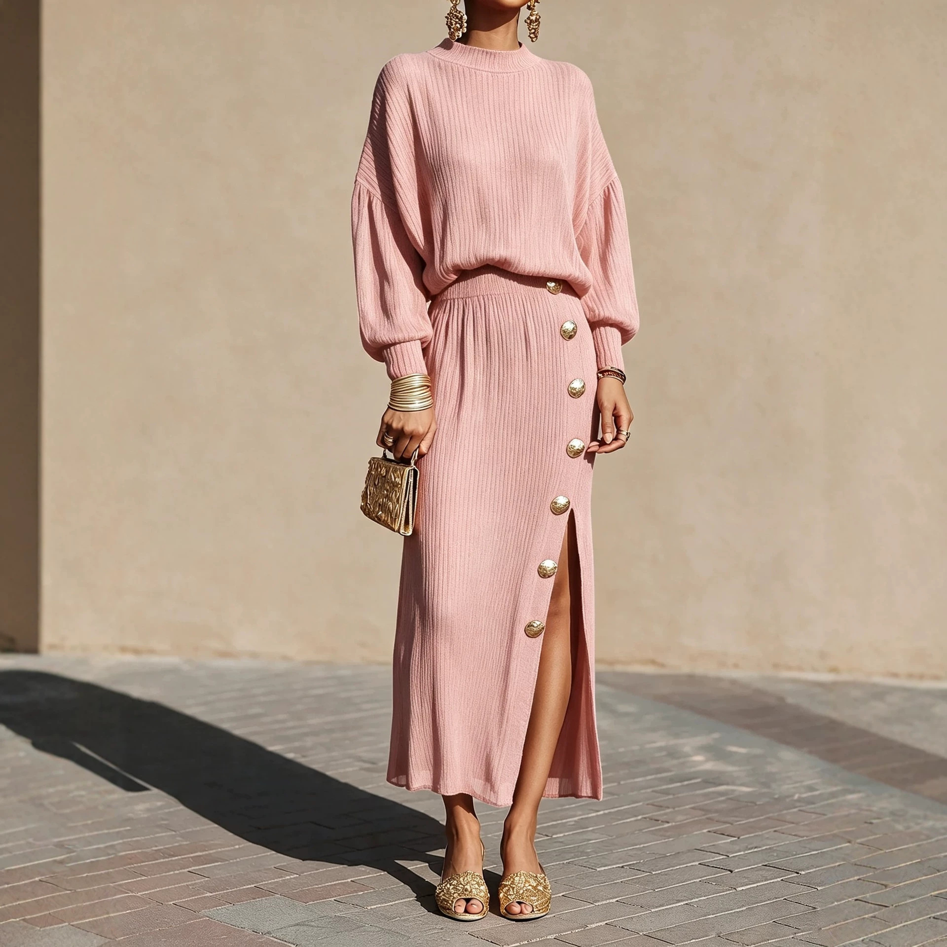 Women's Solid Pleated Knit Long-Sleeve Top and Button Slit Skirt Two-Piece Set
