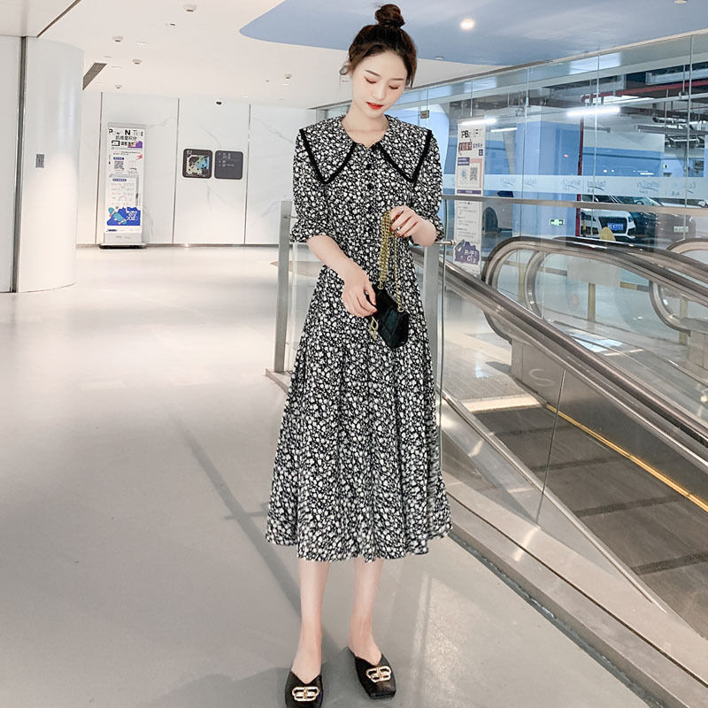 Floral A-Line Midi Dress with French Sailor Collar and Cinched Waist
