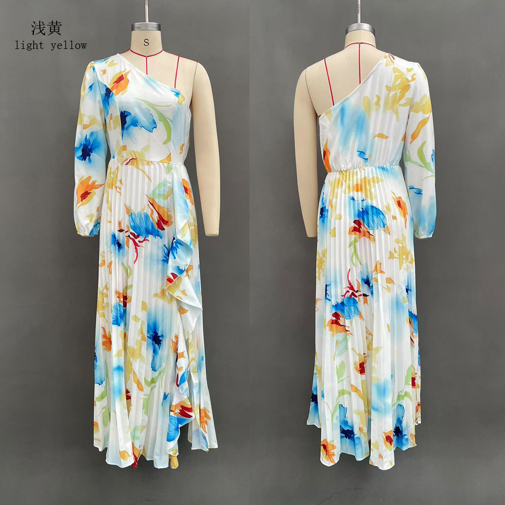 Women's Floral Print Off-Shoulder Long Dress with Irregular Slit and Pleated Details