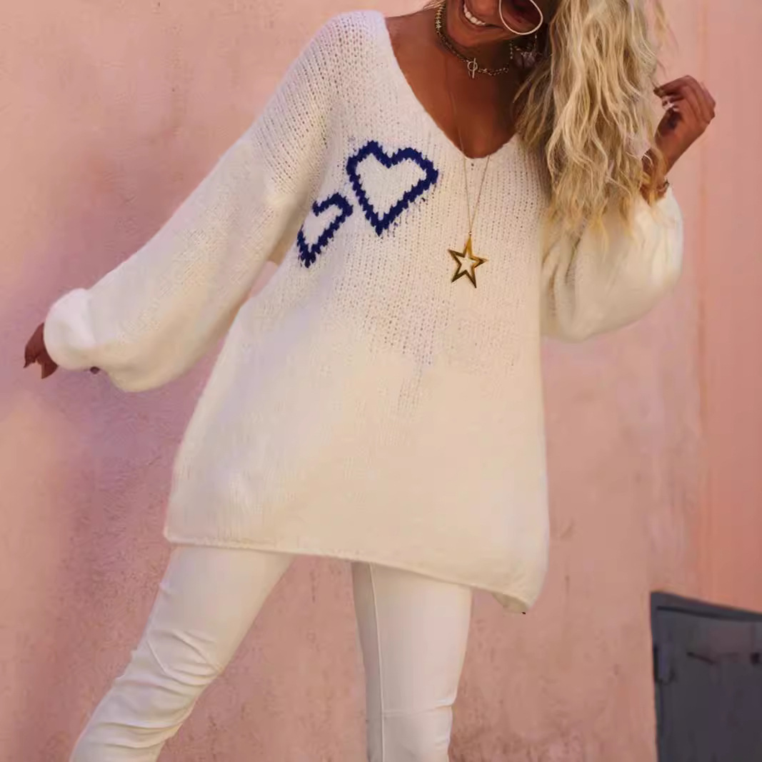 Women's Loose Heart Jacquard Off-Shoulder Knit Sweater Long Sleeve