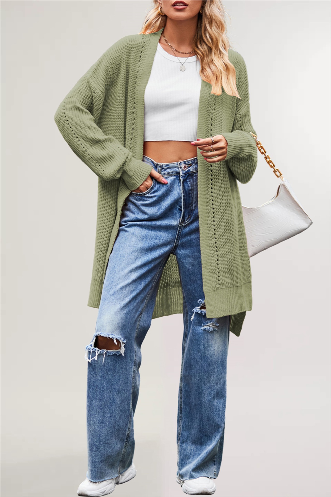 Women's Solid Color Loose Knit Cardigan with Pockets