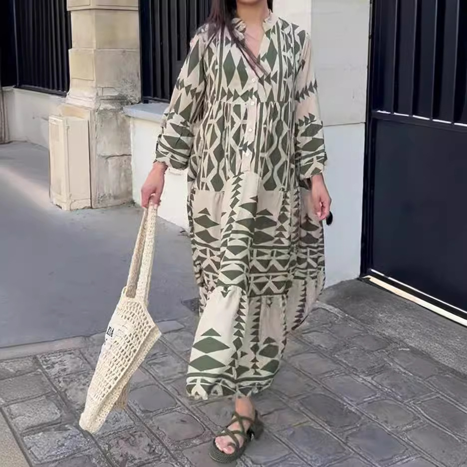 Plus Size Bohemian Print Shirt Dress V-Neck A-Line Long Sleeve