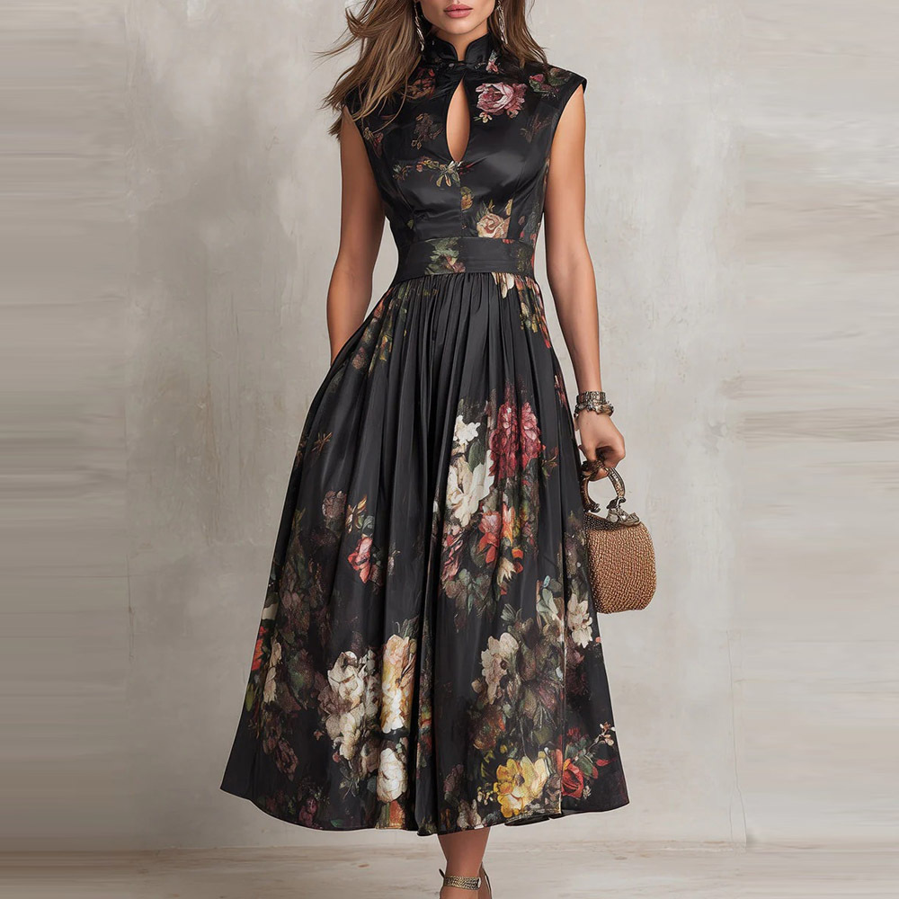 Sleeveless Black Floral Print Maxi Dress with 3D Flowers Slim Fit