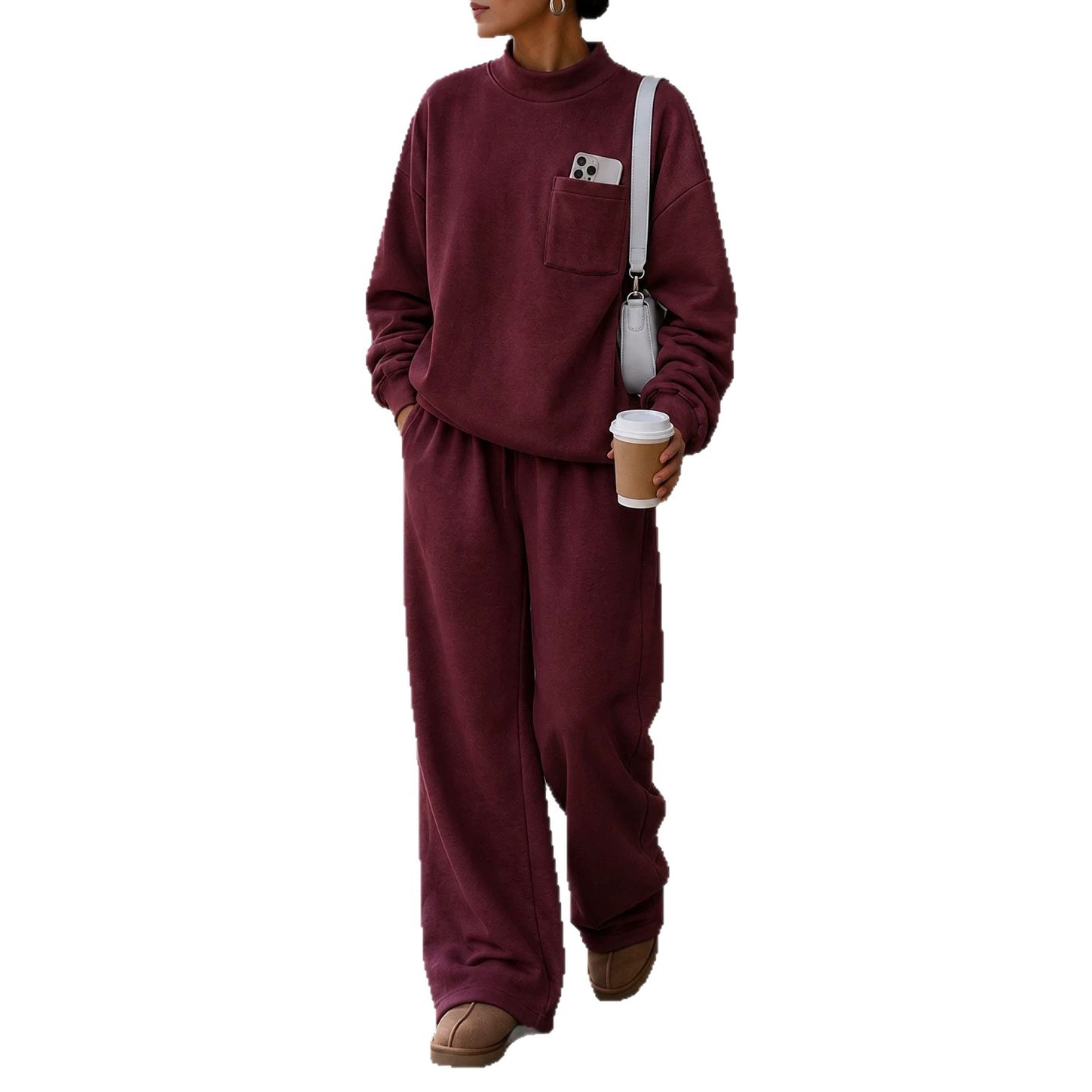 Women's Loose Stand Collar Sweatshirt & Wide-Leg Pants Set Solid Color Casual Sportswear