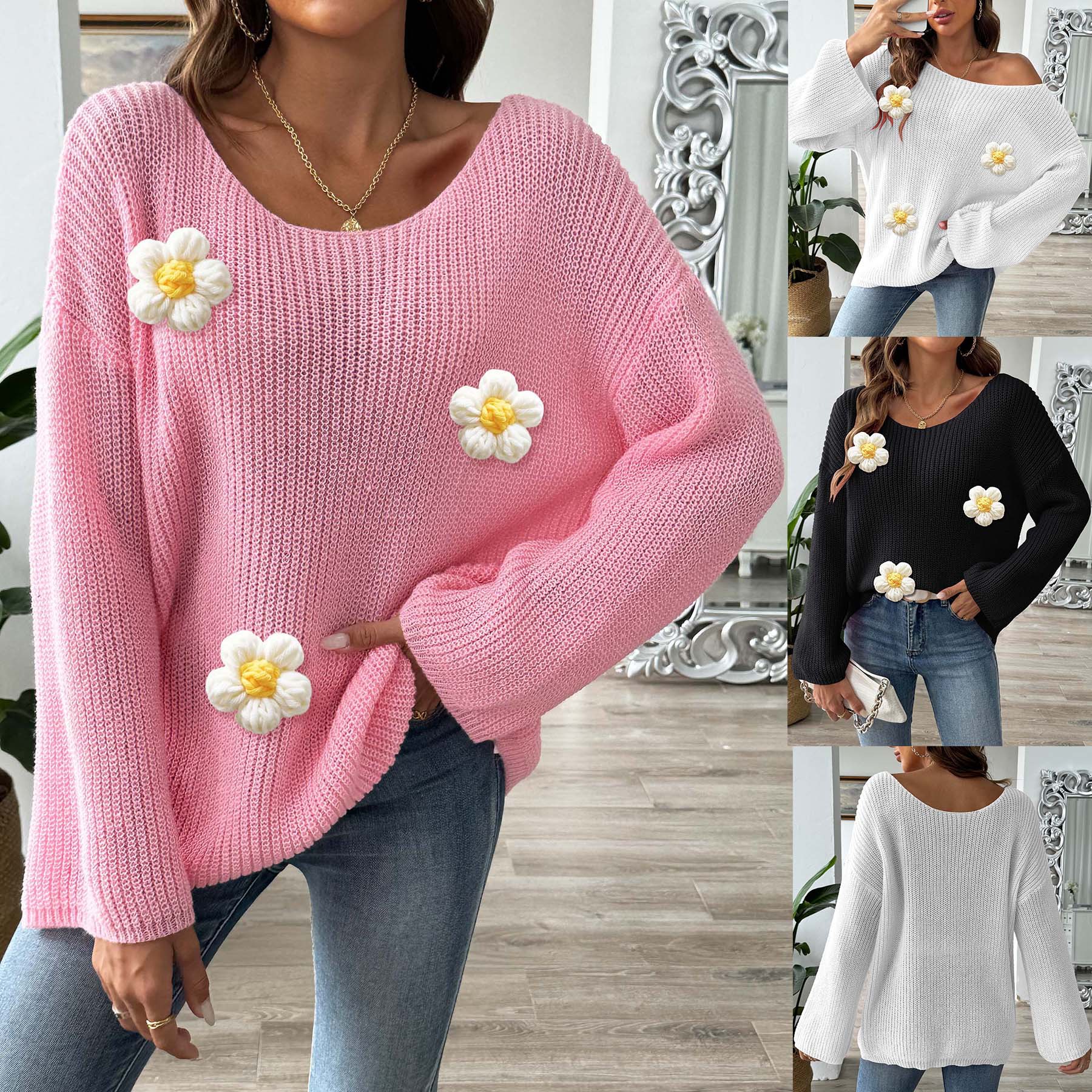 Women's Off-Shoulder Pullover Sweater with Flared Sleeves and Floral Appliqué