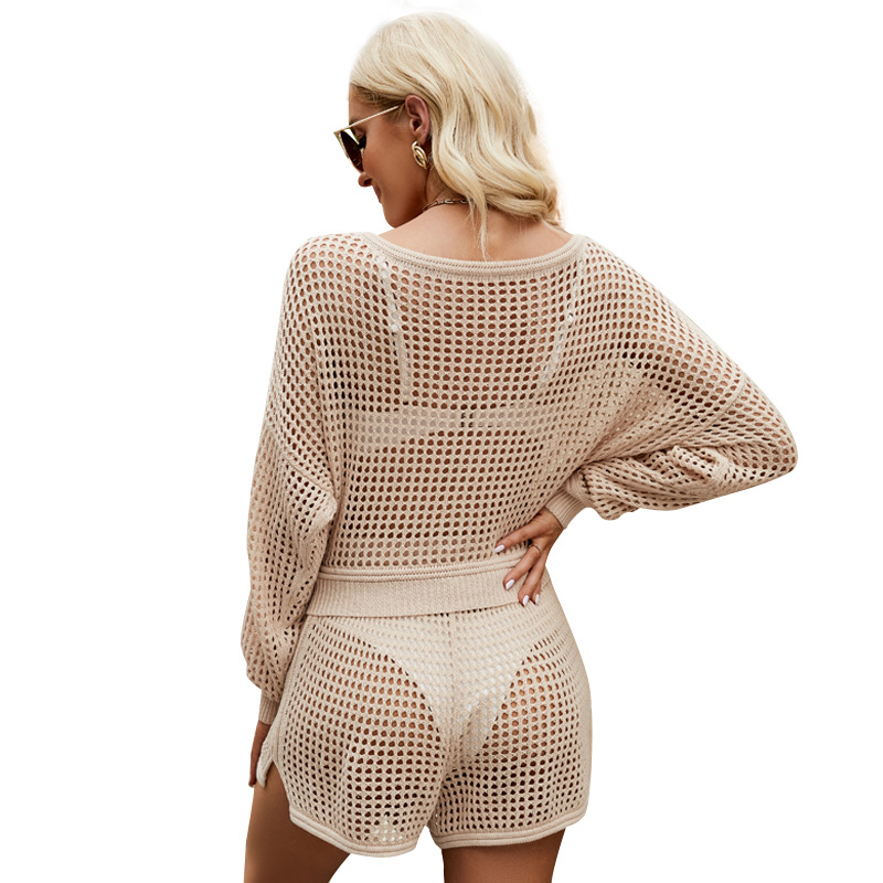 Women's Openwork Knit Top and Shorts Two-Piece Set