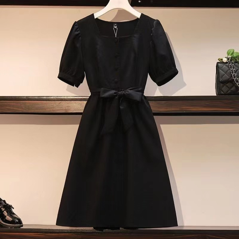 Women's Midi A-Line Dress with Short Sleeves and Cinched Waist