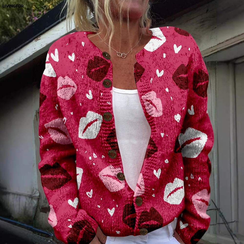 Women's Heart & Flower Print Button Cardigan Sweater