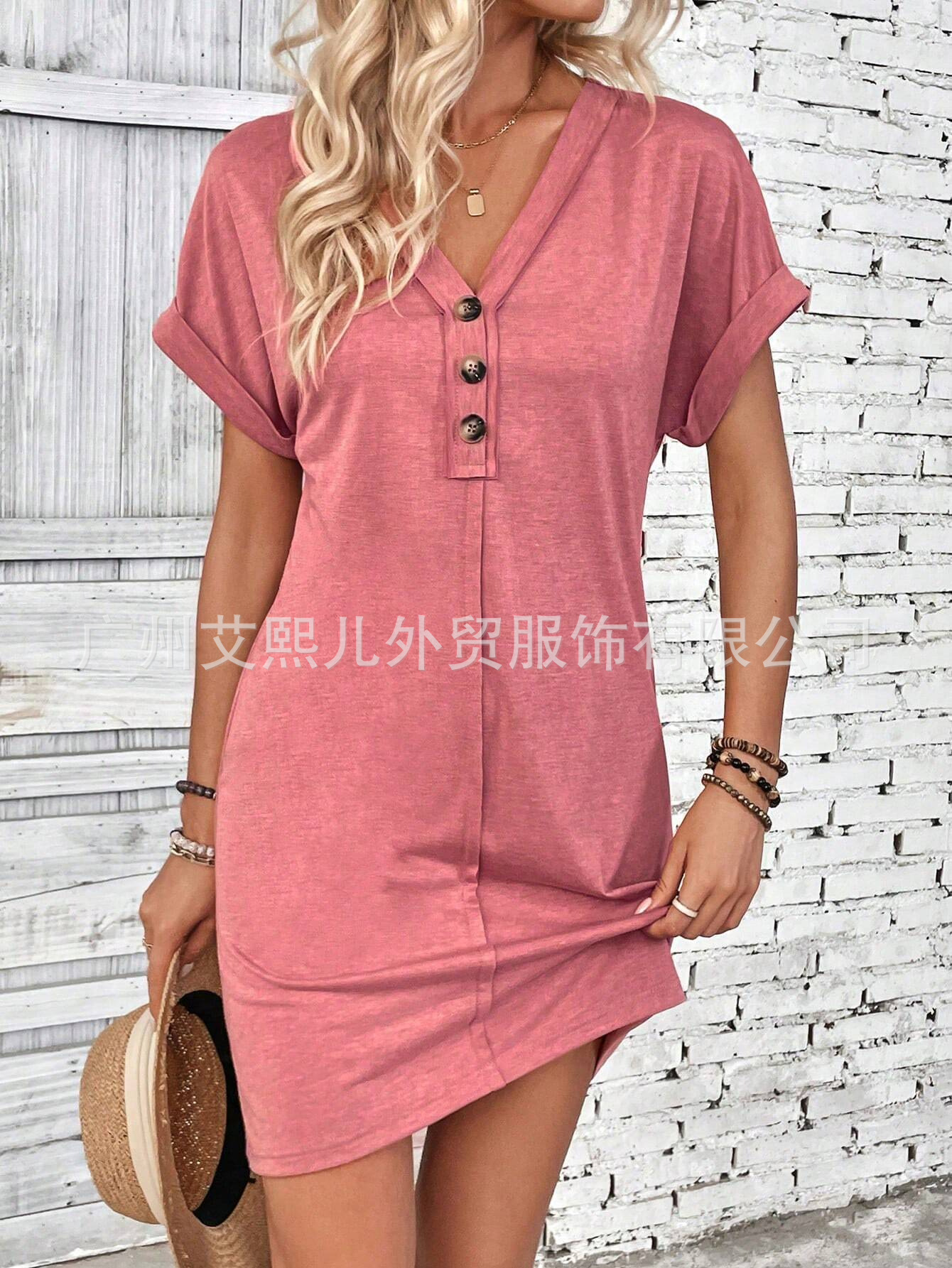 Women's V-Neck Button Short Sleeve Solid Color Midi Dress