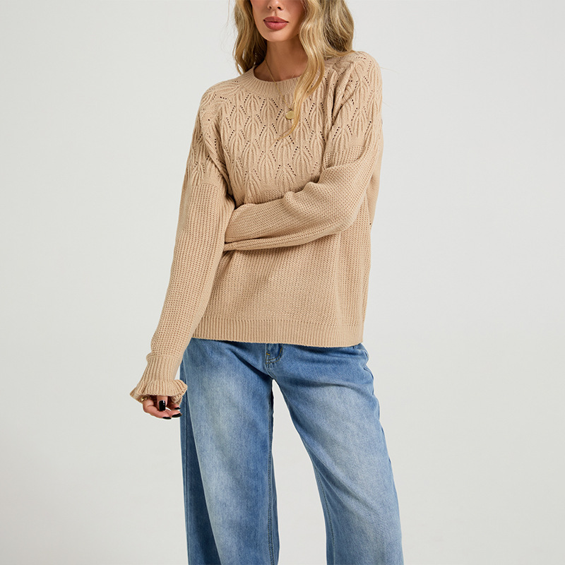 Women's Crewneck Knit Sweater Solid Color Long Sleeve Pullover