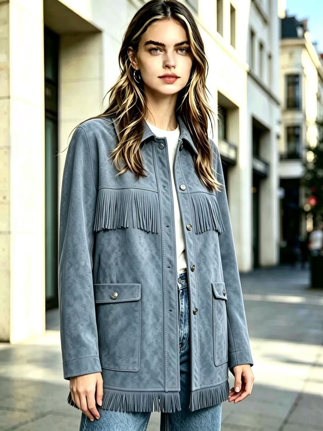 Fringe Faux Suede Jacket Women's Western-Style Collared Snap-Front Mid-Length Casual Coat