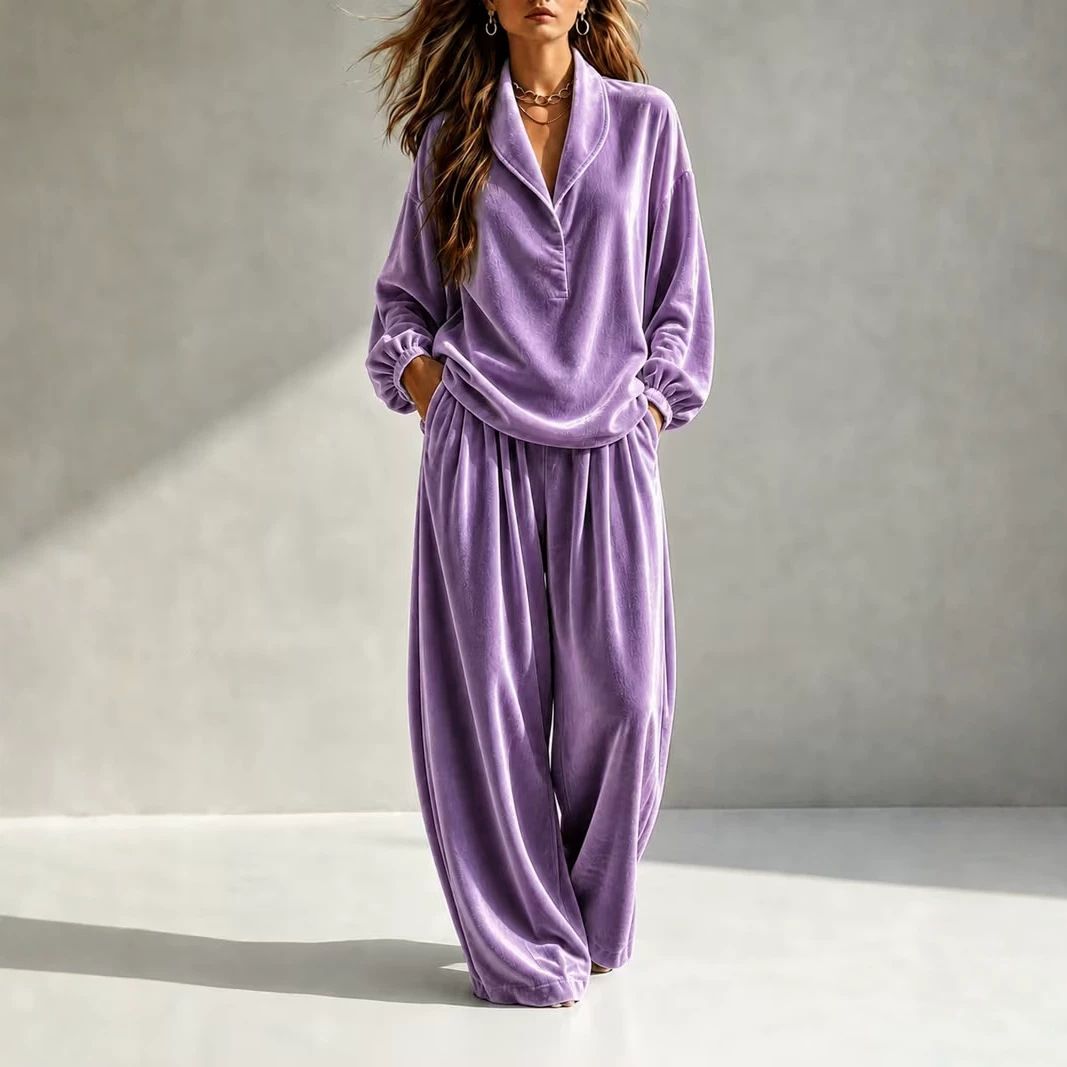 Velvet Long Sleeve Collared Top and Wide-Leg Pants Set