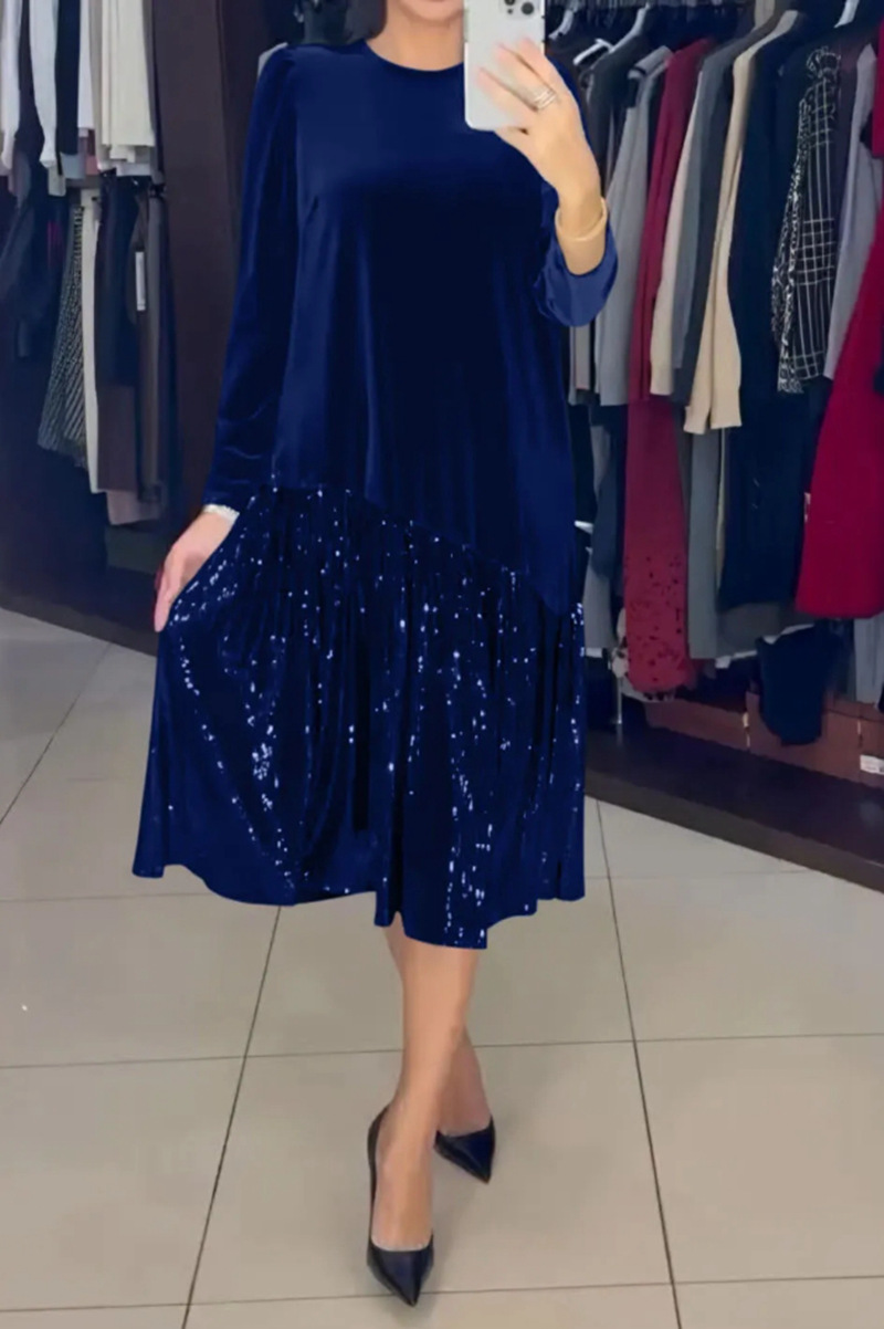 Solid Crewneck Long Sleeve Sequin Hem Dress