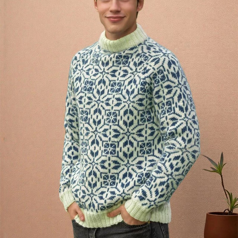 Retro Floral Jacquard Crewneck Pullover Sweater