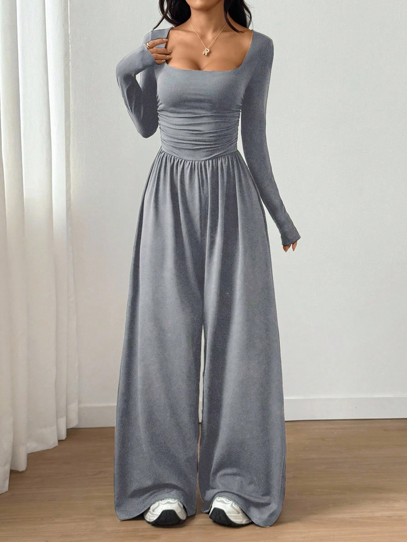 Women's Long Sleeve Square Neck Wide Leg Jumpsuit Solid Color Slimming