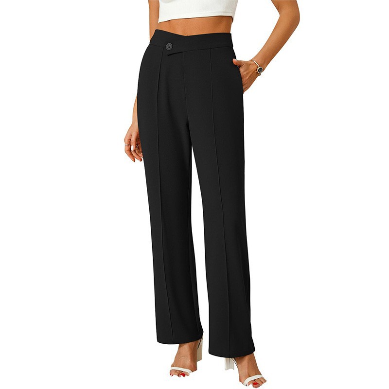 High-Waist Cross Button Flared Straight-Leg Women's Trousers