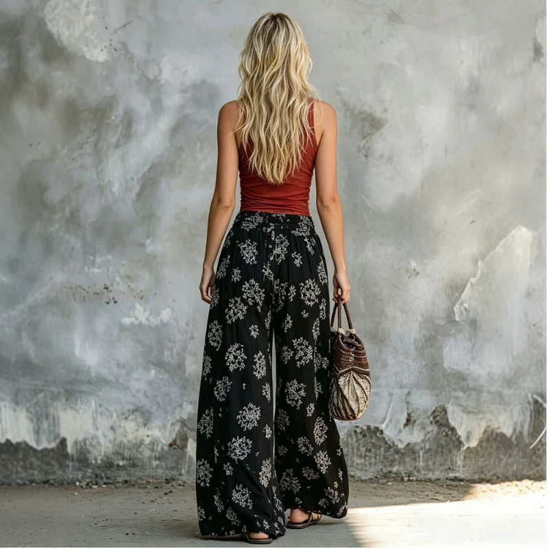 Brick Red Sleeveless Top and Black Floral Chiffon Wide-Leg Pants Set
