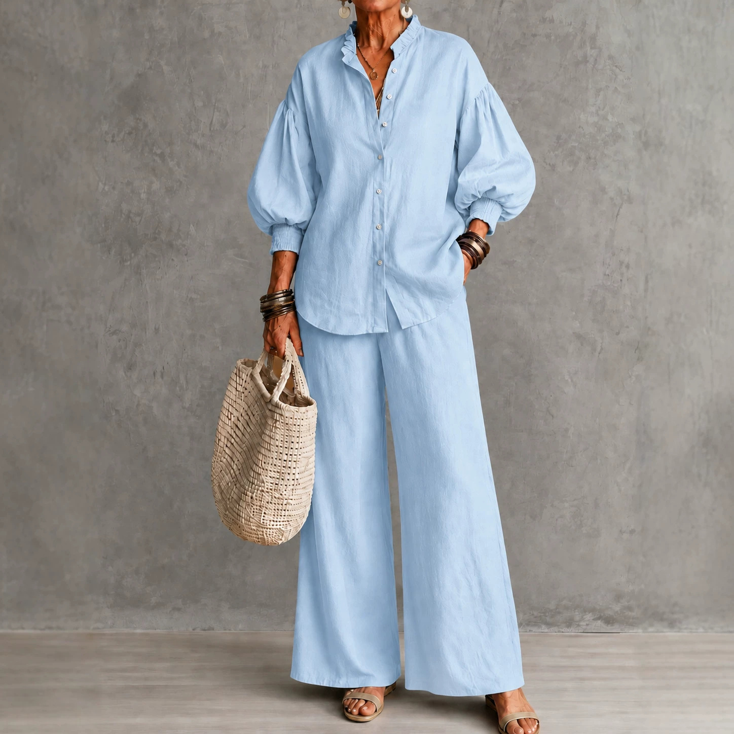 Women's Solid Ruffle Stand Collar Lantern Sleeve Shirt & Wide-Leg Pants Two-Piece Set