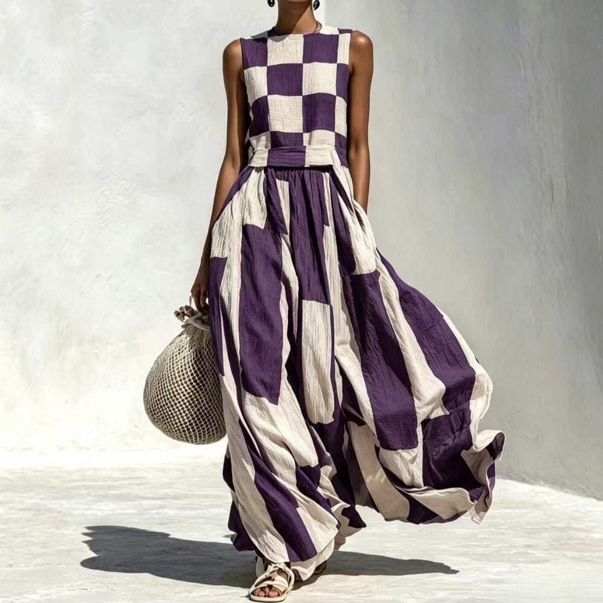 Black and White Plaid Sleeveless A-Line Maxi Dress