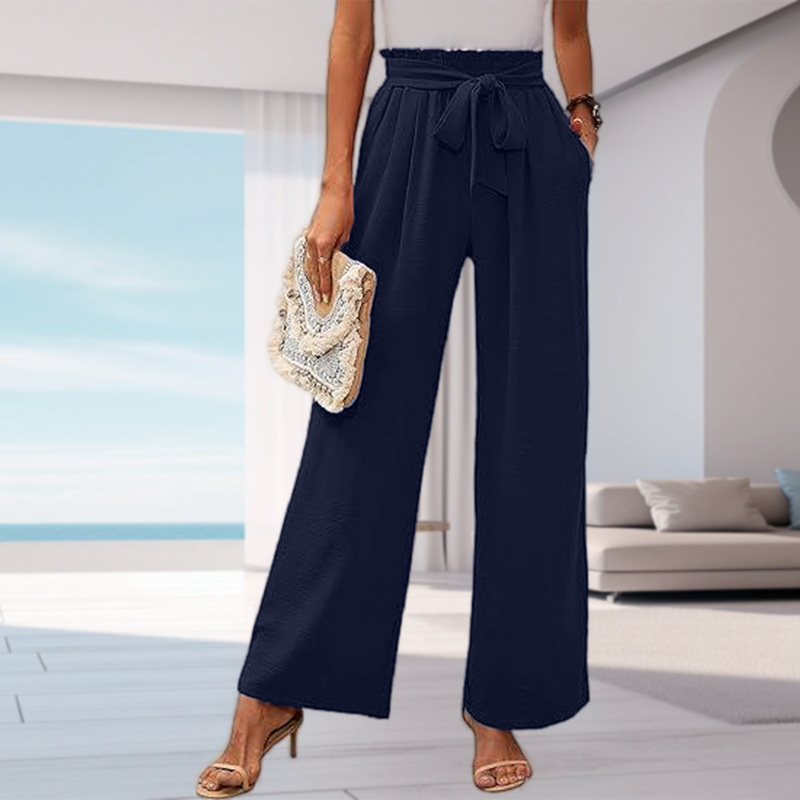 Women's High-Waist Wide-Leg Pants with Pockets Solid Color
