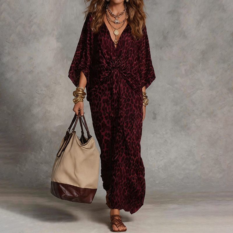 Women's Loose V-Neck Leopard Print Long Dress