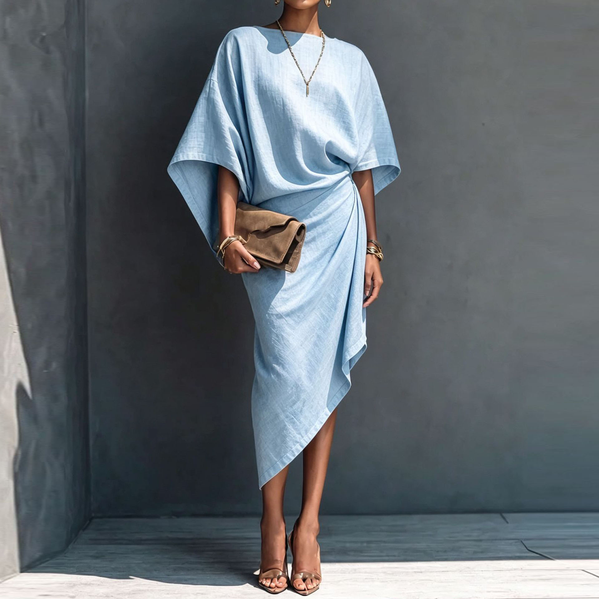 Women's Pleated Solid Color Midi Dress Short Sleeve High Waist