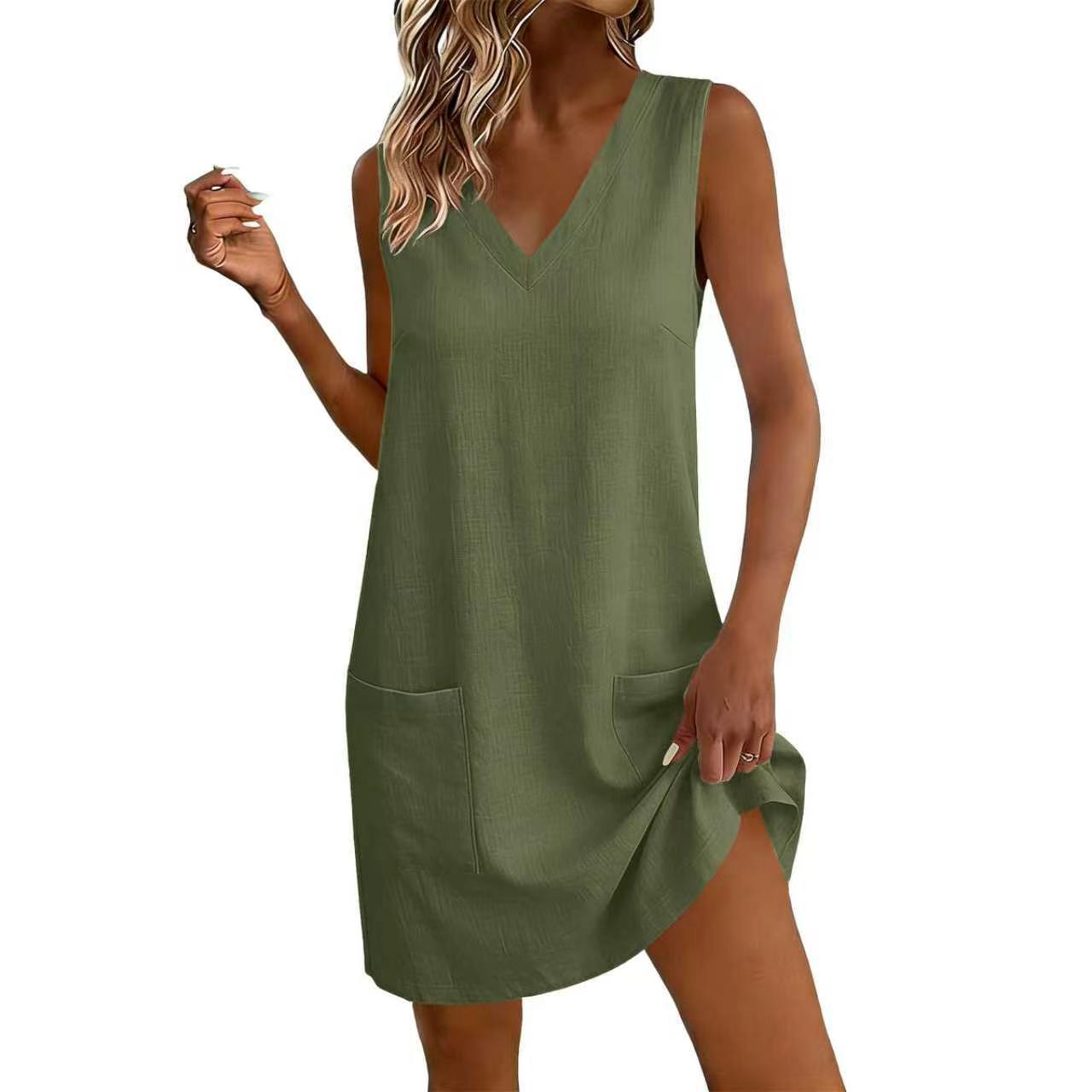 Women's Sleeveless V-Neck A-Line Dress with Pockets, Loose Casual Summer