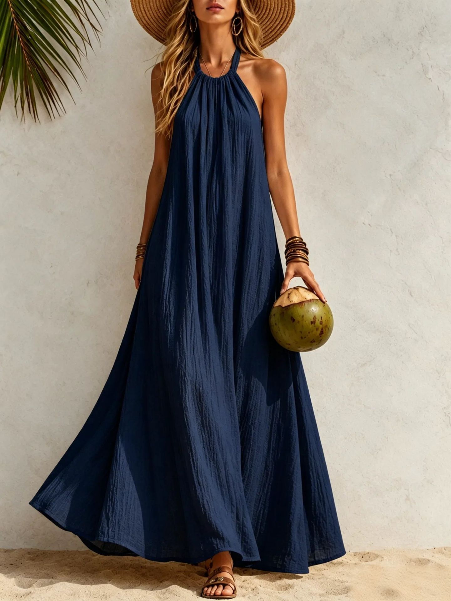 Women's Halter Neck Maxi Dress Loose A-Line Boho Beach Vacation Dress
