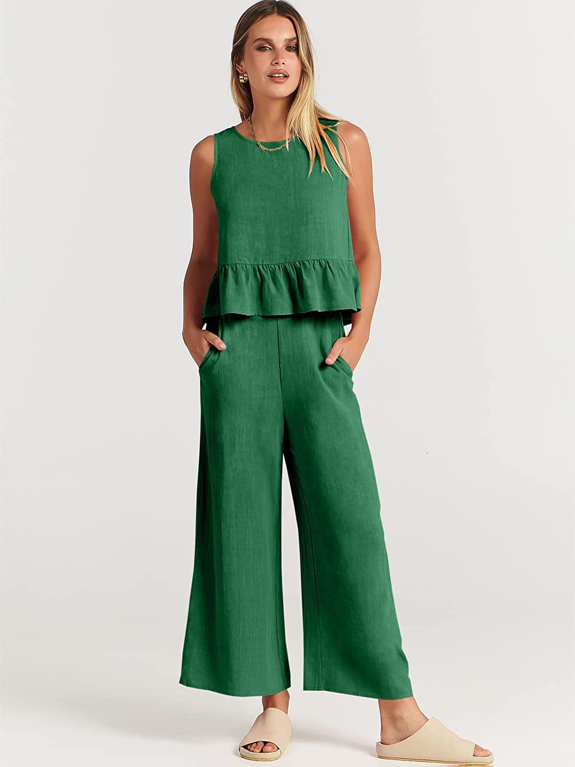 Women's Sleeveless Pleated Tank Top and Wide-Leg Cropped Pants Casual Set