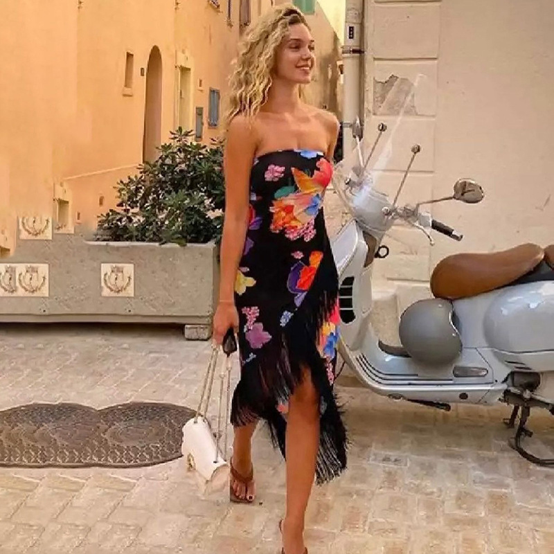Sleeveless Bodycon Printed Tassel Tube Dress with Open Back and Slit